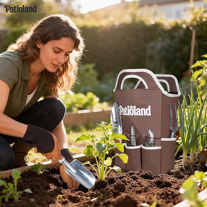 10-Piece Garden Tool Set, Brown Gardening Hand Tools with Non-Slip Handles, Heavy Duty Rust-Proof Aluminum Tools, Organizer Tote Bag & Gardening Gloves, Ideal Gardening Gifts for Women and Men