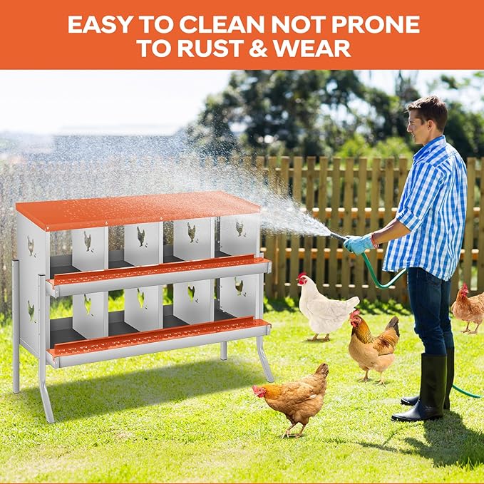 GarveeLife Chicken Nesting Box, 8 Compartments Nesting Box for Chickens, Two-Tier Galvanized Steel Chicken Egg Laying Box with Large Vented Holes Wall Mounting for Easy Egg Collection