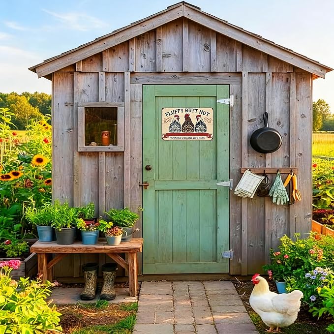 Funnysign Vintage Fluffy Butt Hut Pampered Chickens Live Here Chicken Tin Sign for Chicken Coop Farm Kitchen Garden Yard Decor 8x12 inch (3940)