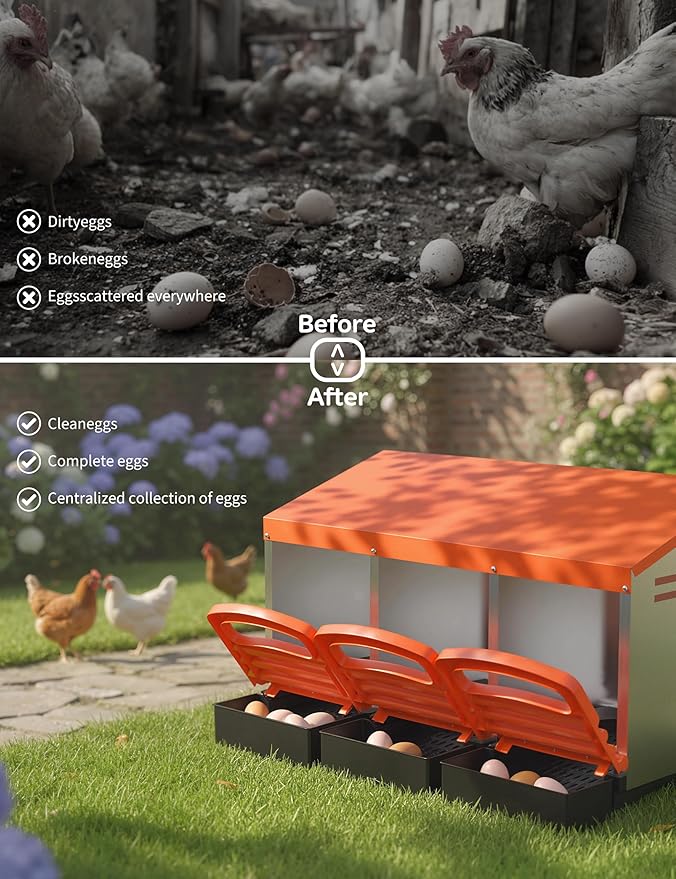Chicken Nesting Box 3 Hole, Galvanized Steel Nest with Roll Away Egg Collection & Swing Perch, Easy-Clean Laying Box for Hens, Heavy Duty Design for Chicken Coop