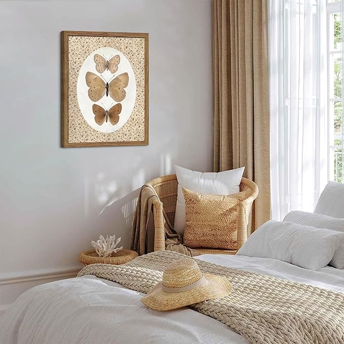 Framed Butterfly Canvas Wall Art, Vintage Butterfly Pictures Posters Wall Decor, Modern Farmhouse Decor, Rustic Retro Butterflies Paintings Prints for Bedroom Bathroom Shelf 12x16 inch