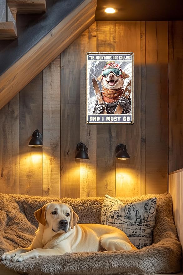 Funny Ski Decor Metal Sign Bulldog Skiing The Mountains Are Calling And I Must Go Skiing Metal Poster Home Kitchen Cafe Aluminium Sign Art Wall Decor 12x8 Inch