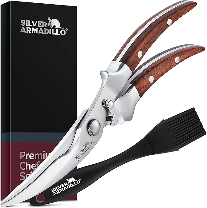 Heavy Duty Poultry Shears - Professional Stainless Steel Kitchen Scissors for Bone, Chicken, Meat, Fish & Vegetables - Spring Loaded (Brown Wood Handles)