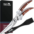Heavy Duty Poultry Shears - Professional Stainless Steel Kitchen Scissors for Bone, Chicken, Meat, Fish & Vegetables - Spring Loaded (Brown Wood Handles)