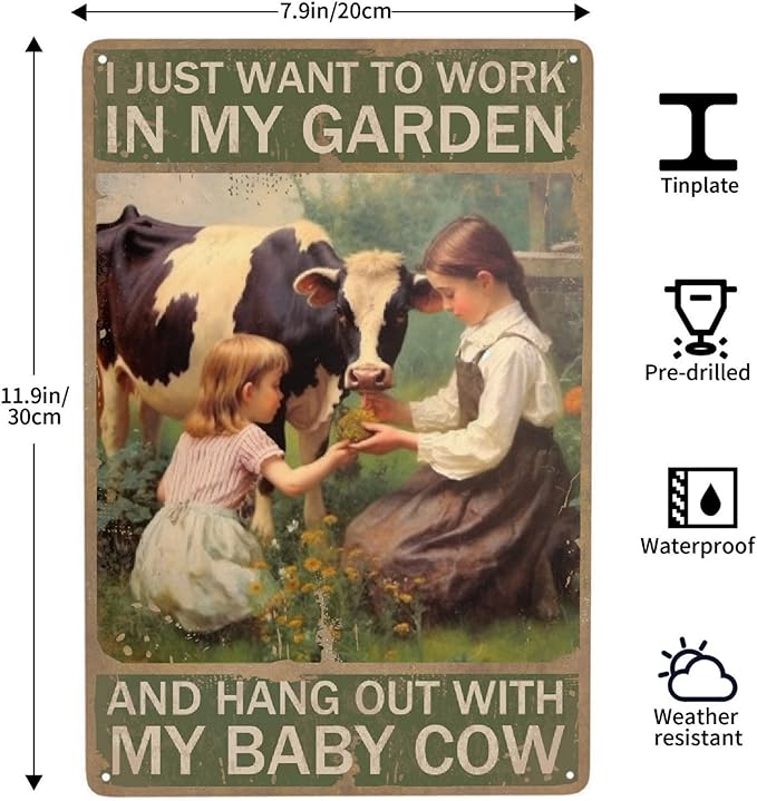 Vintage Farm Cow Metal Tin Sign - Garden Decor, 12''X 8''
