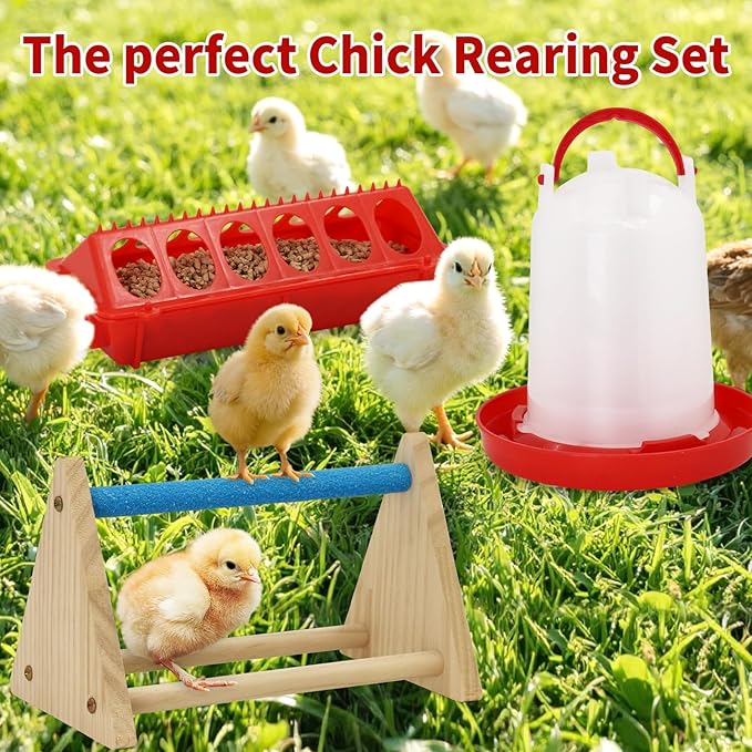 6 in 1 Chick Feeder and Waterer Kit with Wooden Perch,Baby Poultry Starter Set Includes 1.5L Chick Waterer Chicks Feeder Chick Perch for Small Poultry Chicks Ducks Quail Pigeons Birds