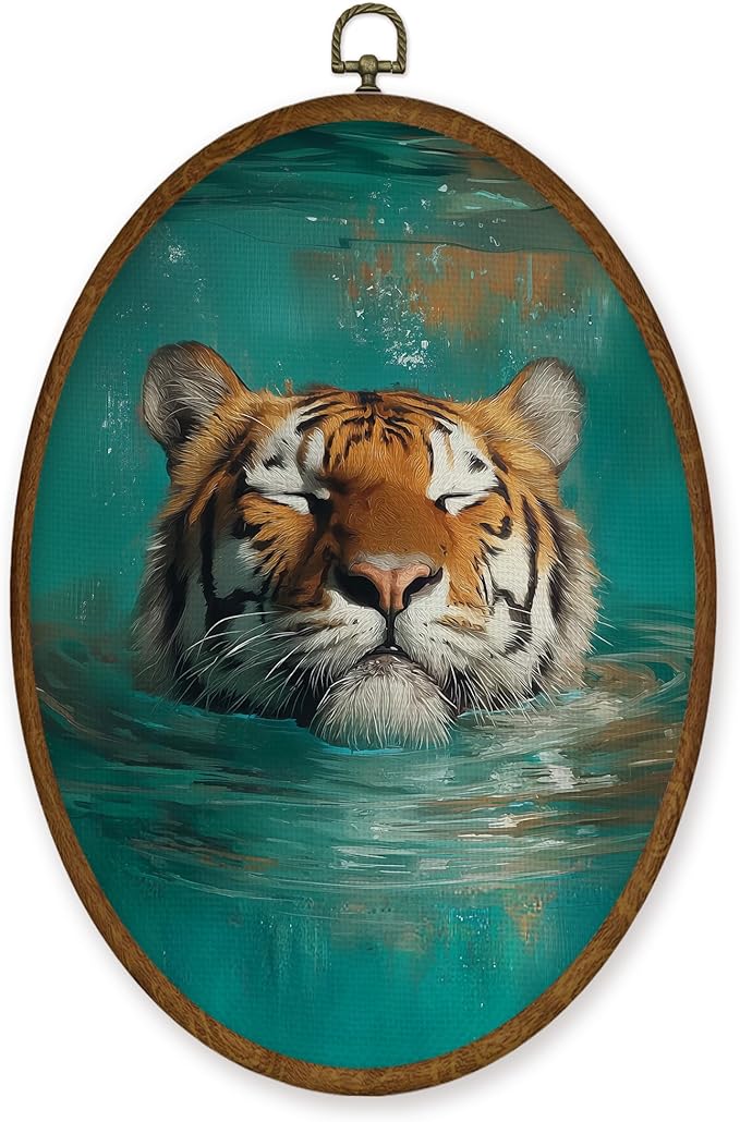WULQYING Boho Funny Tiger Wall Art Decor, Fantastic Wild Animal Oval Framed Canvas Art Prints, Whimsical Tiger Sleeping in Water Wall Hanging Decor for Home Bedroom Living Room, 8.6x11.4 Inches