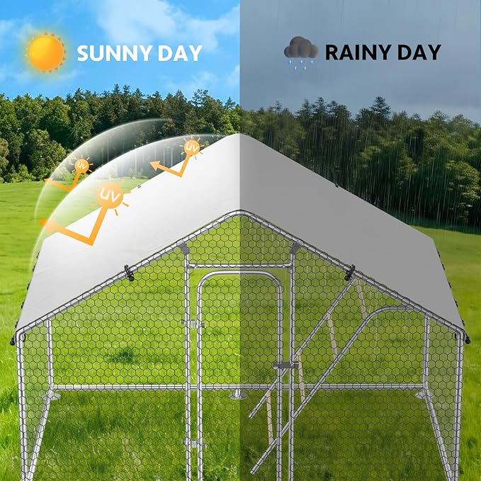 Large Metal Chicken Coop with Roosting Perch, Waterproof and UV-Resistant Cover, Chicken Run Outdoor Walk-in Cage Duck Rabbit Hen House for Yard Farm Use Spire Roof(10’ W x 4.9’ L x 6.4’ H)