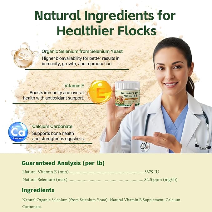Selenium and Vitamin E Powder for Chickens – Boost Immunity, Muscle Support & Reproductive Health, Selenium for Chickens to Prevent Wry Neck & Improve Egg Production, Chicken Vitamins for All Poultry