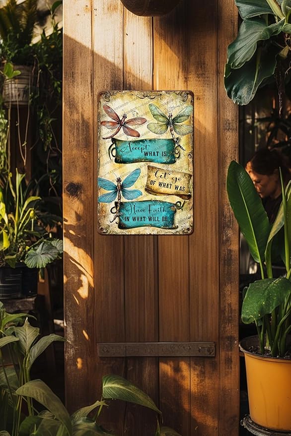 Dragonfly Decorinspirational Metal Vintage Tin Sign Accept What Is Let Go Of What Was Have Faith In What Will Be Room Decoration 12x8 Inch