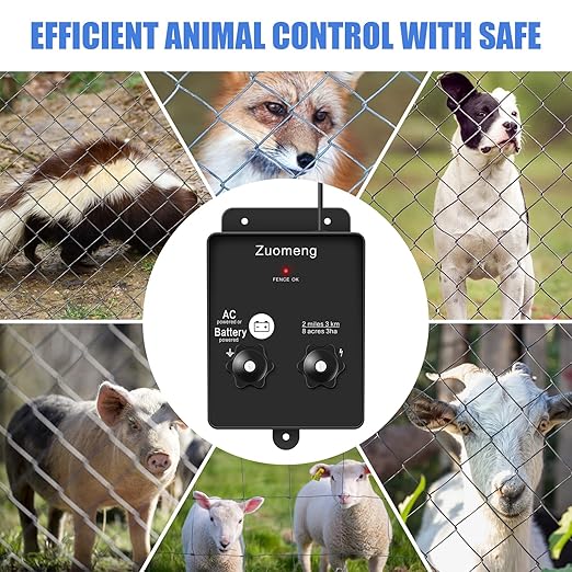 Electric Fence Energizer, Zuomeng 2-Mile 8 Acres Electric Fence Charger Powered by Battery or Power Adapter, 0.1 Joules, for Livestock, Pets, Garden & Wildlife Control