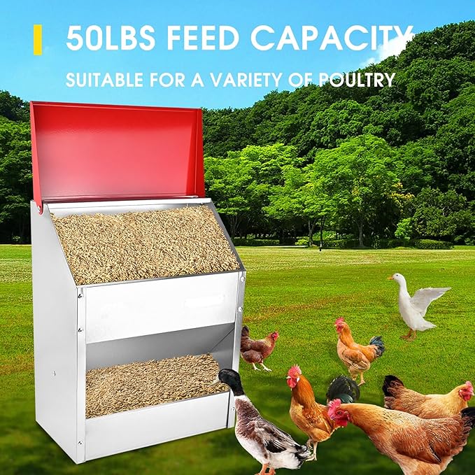 shengyi 11.5-55lbs Galvanized Chicken Feeder - Rat Proof Poultry Feeder with Lid Weatherproof Outdoor Coop Food Dispenser (50lbs 13.8x8.3x24.8in)
