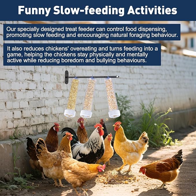 Upgraded Chicken Treat Dispenser, Indoor/Outdoor Wall-Mounted Chicken Treat Feeders, 3 Clear Treat Tubes with Different Types, Easy to Install&Add Food, Fits for Small, Medium&Large Treats