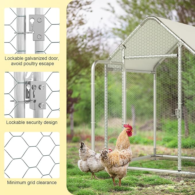 Metal Chicken Coop, Walk-in Chicken Run with Waterproof & Anti-UV Cover Poultry Cage Spire Roof with Lockable Door Chicken Hen House for Duck Rabbit Outdoor Farm