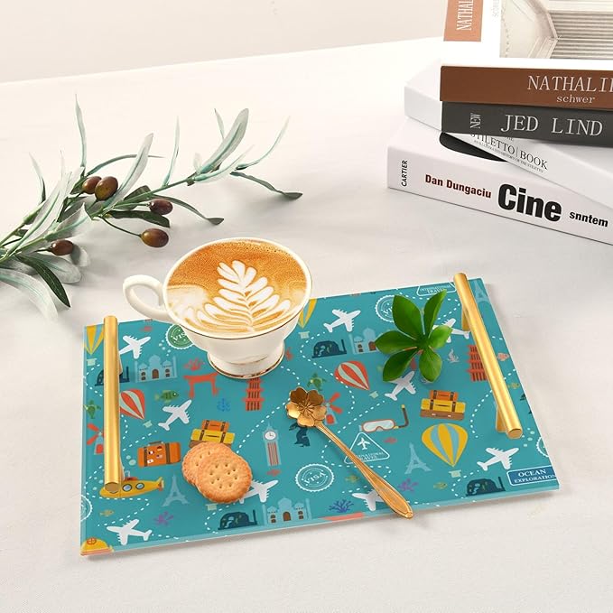 Bathroom Vanity Tray Counter Organizer, Ocean Exploration Travel Pattern Decorative Tray with Handles Countertop Storage for Bathroom Bedroom Kitchen Home Farmhouse