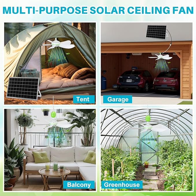 1 Set Solar Powered Ceiling Fan Kit for Outdoor Portable 15 W Solar Panel Powered USB Small Hanging Fan Dual Charging Modes for Chicken Coop Tent Greenhouse Gazebo Shed