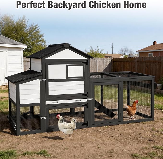 Mobile Chicken Coop Wooden with Wheels, Expandable Outdoor Chicken Tractor with Nesting Box & Pull-Out Tray, Easy-Clean Poultry Coop for 2–3 Chickens & Ducks
