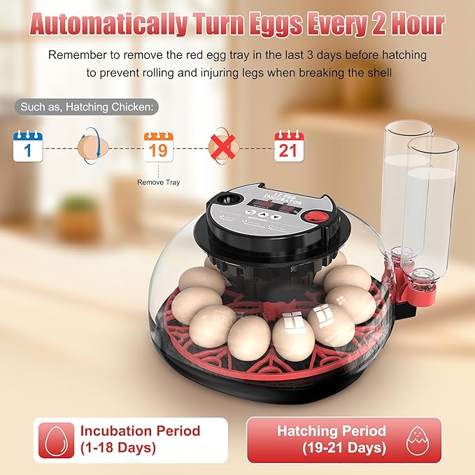 12 Egg Incubator with Temperature Control, Humidity Display, Automatic Egg Turner and Candler, Automatic Water Bottle Refill, for Hatching Chickens/Ducks/Gooses/Quail
