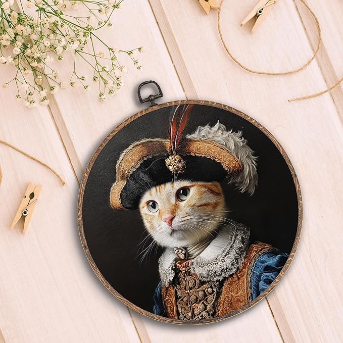 Hxlac Victorian Cat Round Wall Art Framed, Vintage Cat Round Wall Decor, Cottagecore Farm Animal Hanging Canvas Prints Wall Sculptures for Home Living Room Bedroom Decor, 10x10 Inch