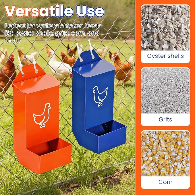 2Pcs Chicken Feeder for Oyster Shell and Grit, Wall Mounted Chicken Food Dispenser No Waste, Hanging Poultry Feeder with Lid, Coop Accessories