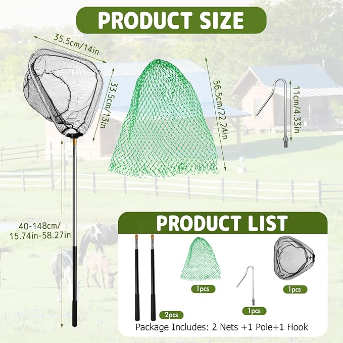 Adjustable Chicken Catching Net with Leg Hook – Stainless Steel Poultry Net, Fishnet,Suitable for Catching Outdoor Animals Such as Chickens, Ducks, Fishnet,Geese,Birds (2 Nets, 2 Pole Included)