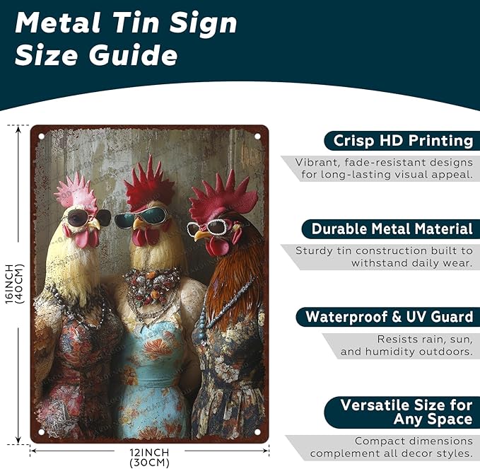 Funny Vintage Chicken Farm Metal Sign Chicken Fashionable Rooster Tin Sign Metal Poster Home Garden Farmhouse Restaurant Garage Aluminium Sign Art Wall Decor 16x12 Inch