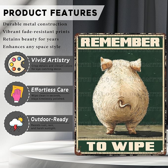 Vintage Pig Tin Sign Remember To Wipe Retro Wall Decor Nostalgic Art Funny Rustic Metal Poster Outdoor Store Cafe Poultry House Pubs Yard Bathroom Farm Farmhouse Toilet Restroom 12 * 16inch