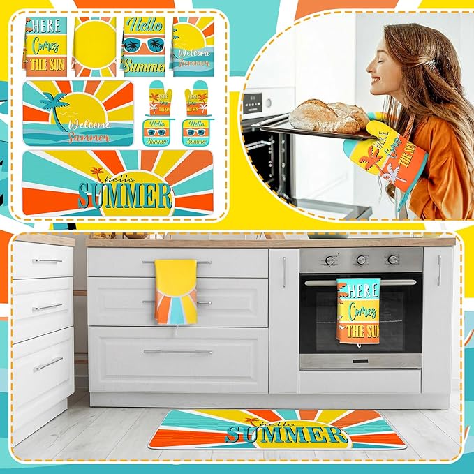 10 Pcs Hello Summer Kitchen Decor and Accessories Sunshine Beach Oven Mitts and Pot Holders Set Sunglass Dish Towels Boho Kitchen Decor Palm Gloves for Baking Cooking Grilling BBQ Women Gift