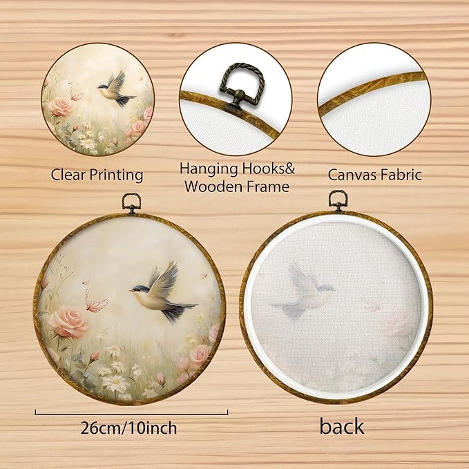 Hiuwevt Rustic Floral Hummingbird Round Wall Art Decor, Vintage Flower Shrubs Bird Hanging Canvas Prints Artwork Framed, Cottagecore Nature Circular Wall Decor for Home Room, 10x10 Inch