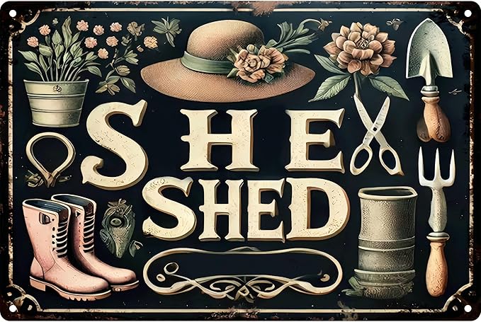 Vintage Garden Metal Signs - She Shed Tin Sign, Retro Rustic Outside Poster Sign Gardening Lover Gifts Fence Decoration Wall Art Decor 8x12 inch
