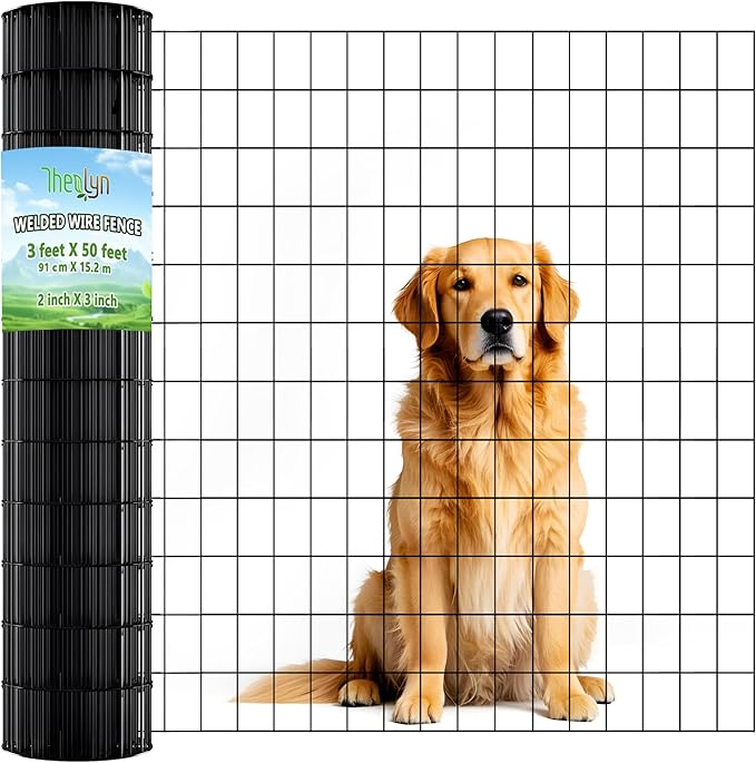 3ft x 50ft Black Vinyl Coated Welded Wire Fence - 14 GA Heavy Duty Garden Fencing, 2"x3" Mesh Rustproof Deer Barrier, Chicken Coop Poultry Run, Dog Fence & Garden Protector for Vegetables