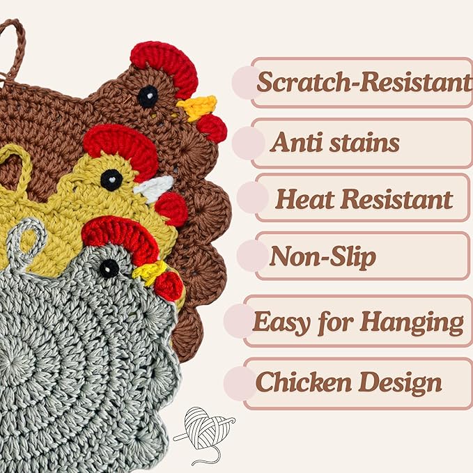 Handmade Crochet Chicken Trivets Set of 3, Chicken-Gifts, Valentine Gifts, Pot Holders, Heat Resistant Farmhouse Kitchen Home Decor, Cooking, Baking, Cute Desk Accessories, Tabletop Protection