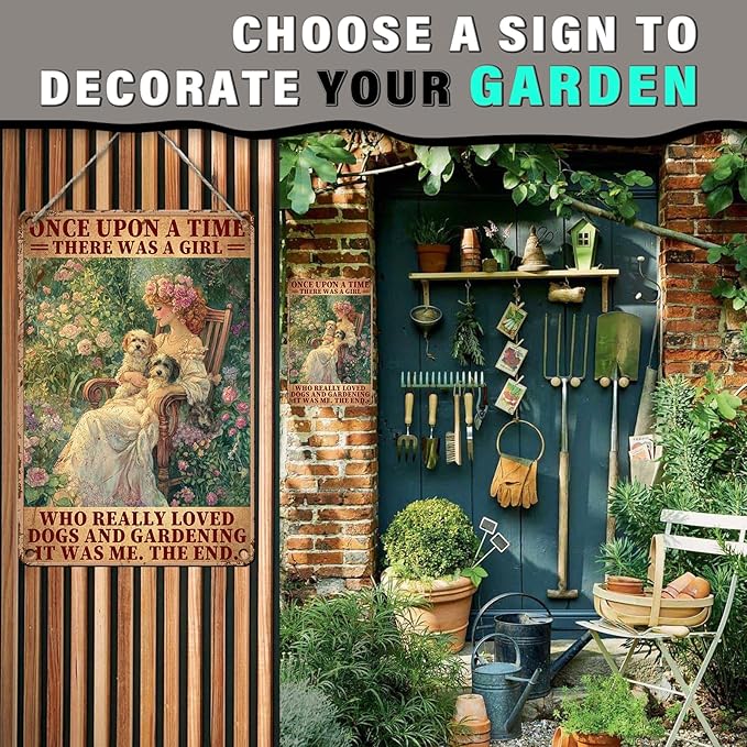 PEACHGARDEN Garden Decor Vintage Metal Sign A Girl Who Really Loved Dogs and Gardening Yard Art Wall Decor for Outdoor Garden Yard Patio 8x12inch