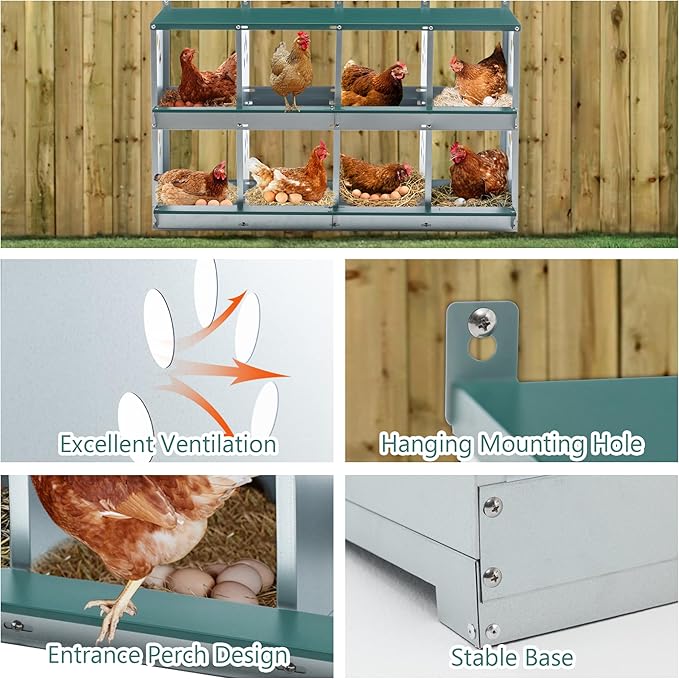 Chicken Nesting Boxes 8 Compartment, Metal Coop Box for Hens, Wall Mount Poultry Nest, Large Vented Holes, Egg Laying Box for Chickens