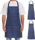 Will Well Kitchen Apron for Men and Women - 33" x 27" Oil-and-Water-Resistant with Adjustable Neck Strap and 38" Waist Ties for a Snug Fit, Lightweight with 2 Front Pockets - 2-Pack, Navy Checkered