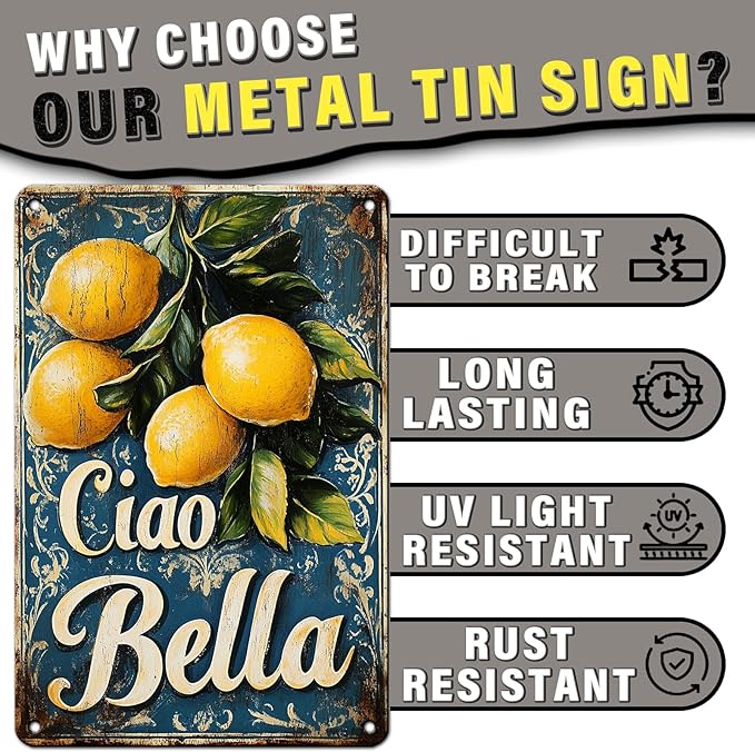 PEACHGARDEN Italian Kitchen Decor Lemon Metal Sign Ciao Bella Poster Italian Wall Decor for Home Kitchen Bar Man Cave Pub Club 8x12inch