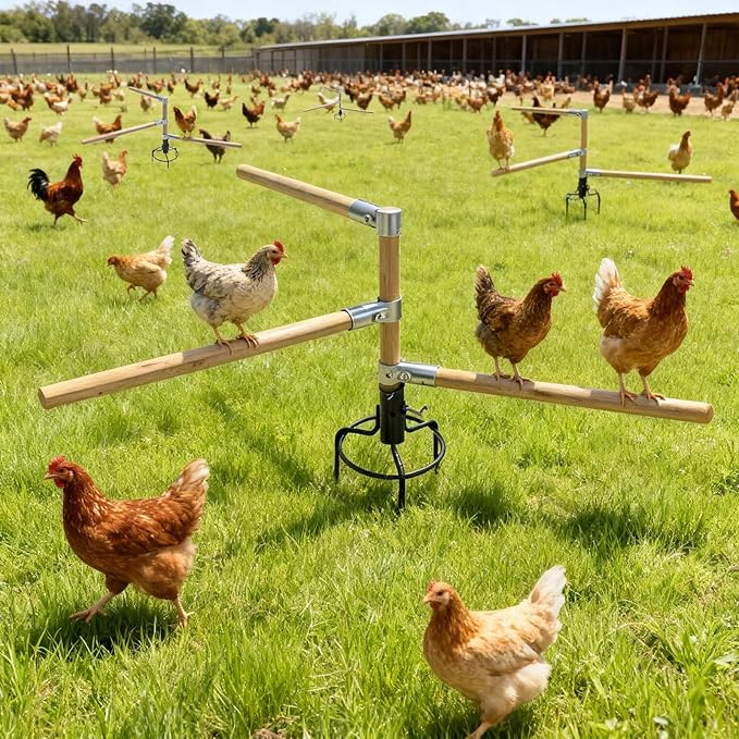 Chicken Perch Toys for Coop & Backyard Chickens, Small Chicken Perch Roosting Bars with 3-Prong Metal Ground Plug & Adjustable and Replaceable Wood Bar(Wooden, 22" H x 14" R)
