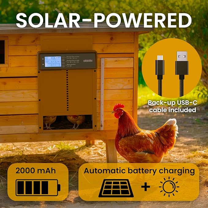 Okkobi Automatic Chicken Coop Door Solar Powered - LCD Display - Chicken Coop Door with Remote Control, Light Sensor & Timer - Security & Peace of Mind: Anti-Pinch function - 5-Year Protection - Brown