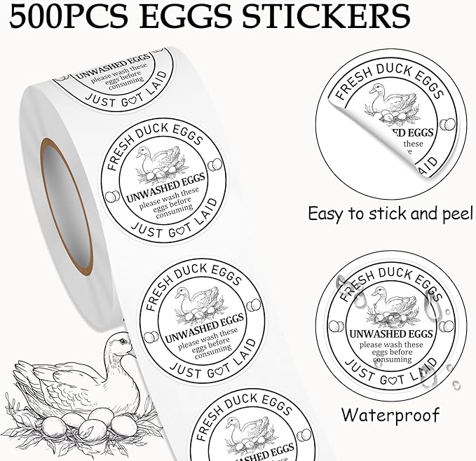 Louise Maelys 2Inch 500 Pcs Farm Fresh Duck Egg Stickers Unwashed Duck Egg Carton Labels - Market Egg Handling Sticker for Poultry Farms, Farmers Markets & Organic Produce
