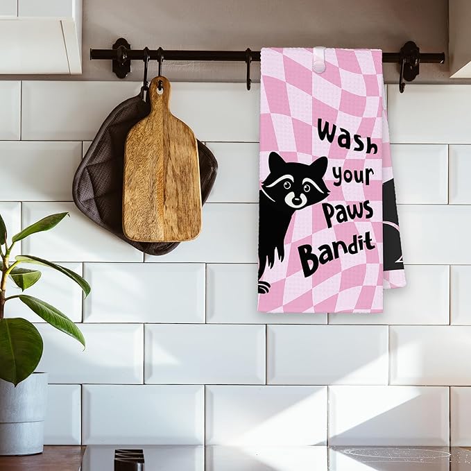 Pink Funny Raccoon Bathroom Kitchen Towels, Wash Your Paws Hand Towel for Girly Room, for Raccoon Lovers, Trendy Preppy Checkered Dish Towels Decor for Dorm Dining Room 16x24in