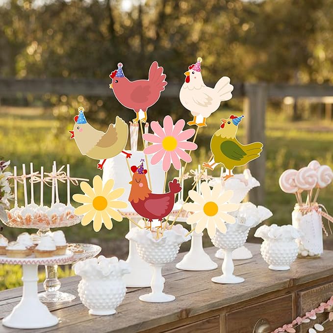 Chicken Themed Centerpiece Sticks Floral Chicken Birthday Table Toppers 16PCS Boho Daisy and Chick Party Decorations Farm Animals Centerpieces for Barnyard Theme Baby Shower Supplies