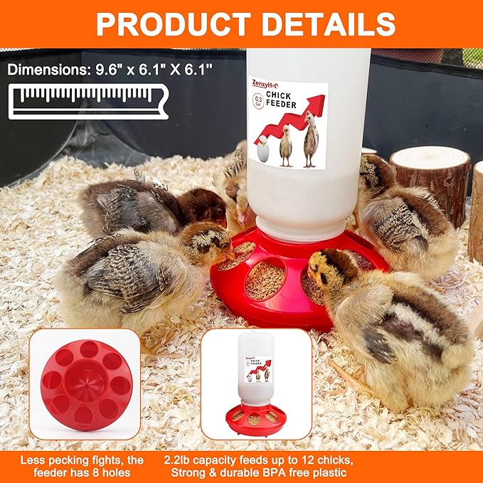 2-in-1 Chick Starter Set: 0.3 Gal Feeder & 0.4 Gal Waterer with Adjustable Legs for Baby Chicks, Hanging Hooks, Anti-Drown Design - BPA-Free Plastic (Red)