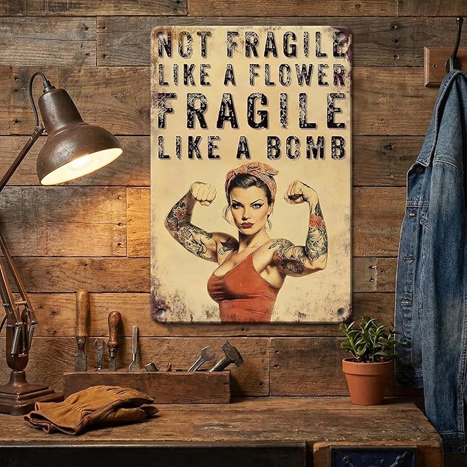 PEACHGARDEN Home Gym Decor Girl Gym Signs Not Fragile Like a Flower Fragile Like a Bomb Fitness Wall Decor Motivational Workout Poster Metal Tin Sign for Home Bar Pub 8x12 Inch