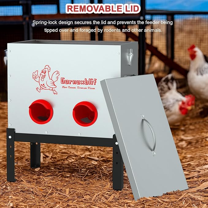 40 LB Large Automatic Chicken Feeder, 6 Port Metal Chicken Feeders, No-Waste Poultry Feeder with Adjustable Legs & Locking Lid, Weatherproof Large Chicken Feeder for Inside Chicken Coops
