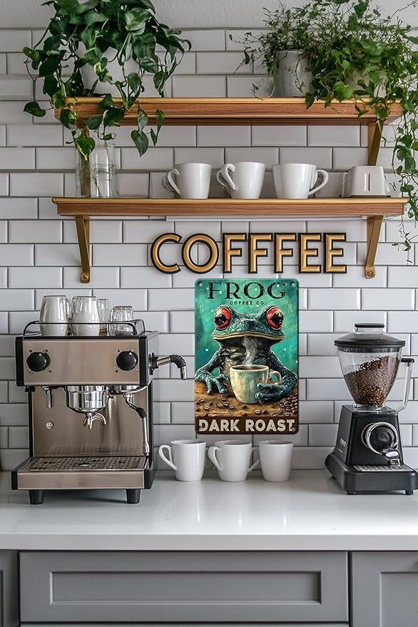 Coffee Themed Metal Tin Sign Frog Retro Wall Art Vintage Kitchen Decor Rustic Bar Cafe Tin Plaque Iron Painting 16x12 Inch