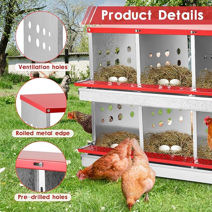 Chicken Nesting Box, 10 Compartment Metal Nesting Boxes for Chickens Laying Eggs, Rust Proofed Nest Box with Roll Away Egg Collection Laying Box for Chicken Coop Red