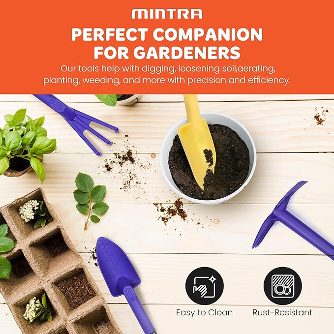 Mintra Garden Tool Set, 4 Piece Heavy Duty Gardening Tools Including Cultivator, Trowel, Shovel & Rake, Durable Poly Material & Non-Slip Handle, Garden Hand Tools Set for Gardening Gift, Gray