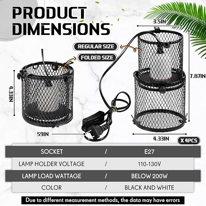 VIHOSE 4 Pcs Retractable Reptile Heat Lamp Holder Reptile Anti Scald Lampshade Ceramic Heat Emitter Heating Lamp Shade with Switch for Pet Amphibian Snakes Lizards Turtle Frogs Chicks, Without Bulb