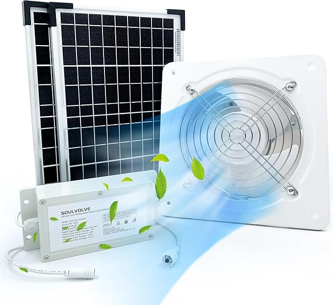 Solar Powered Exhaust Fan for Greenhouse, Shed, Pet House, Chicken Coop, 6 Inch Metal Fan with Battery Backup and Anti-backflow Check Valve, Solar Ventilation Fan for Window Exhaust