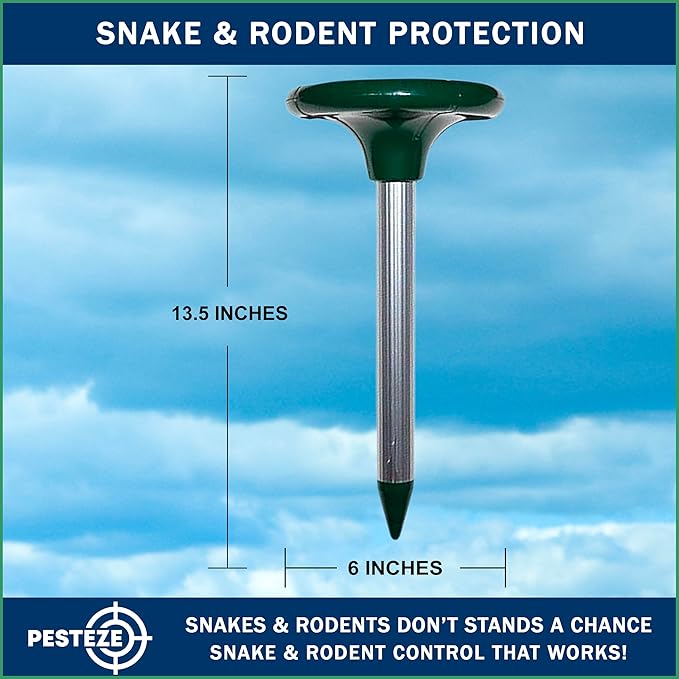PESTEZE Solar Snake & Rodent Sound Deterrent. Auditable Sound Deters Snakes & Burrowing Rodents Like Moles, Voles Gophers, Chipmunks, Groundhogs & Woodchucks from Destroying Gardens & Vegetables